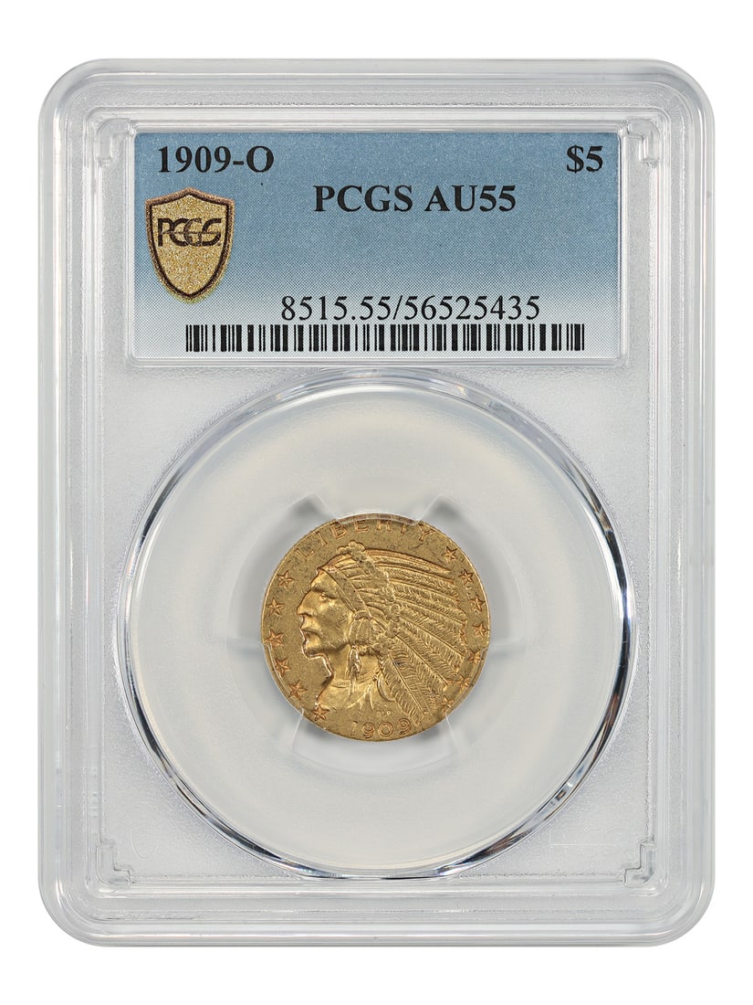 PCGS AU55 1909-O Indian Head $5 Gold Coin (1 of 4)