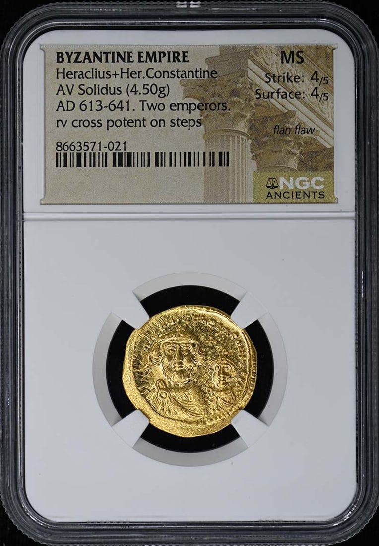 Byzantine Empire AV Solidus Heraclius and Constantine NGC MS: Byzantine Empire AV Solidus Heraclius and Constantine NGC MS This is a pre-owned Byzantine Empire AV Solidus featuring Heraclius and Heraclius Constantine. The coin has been certified and graded MS by