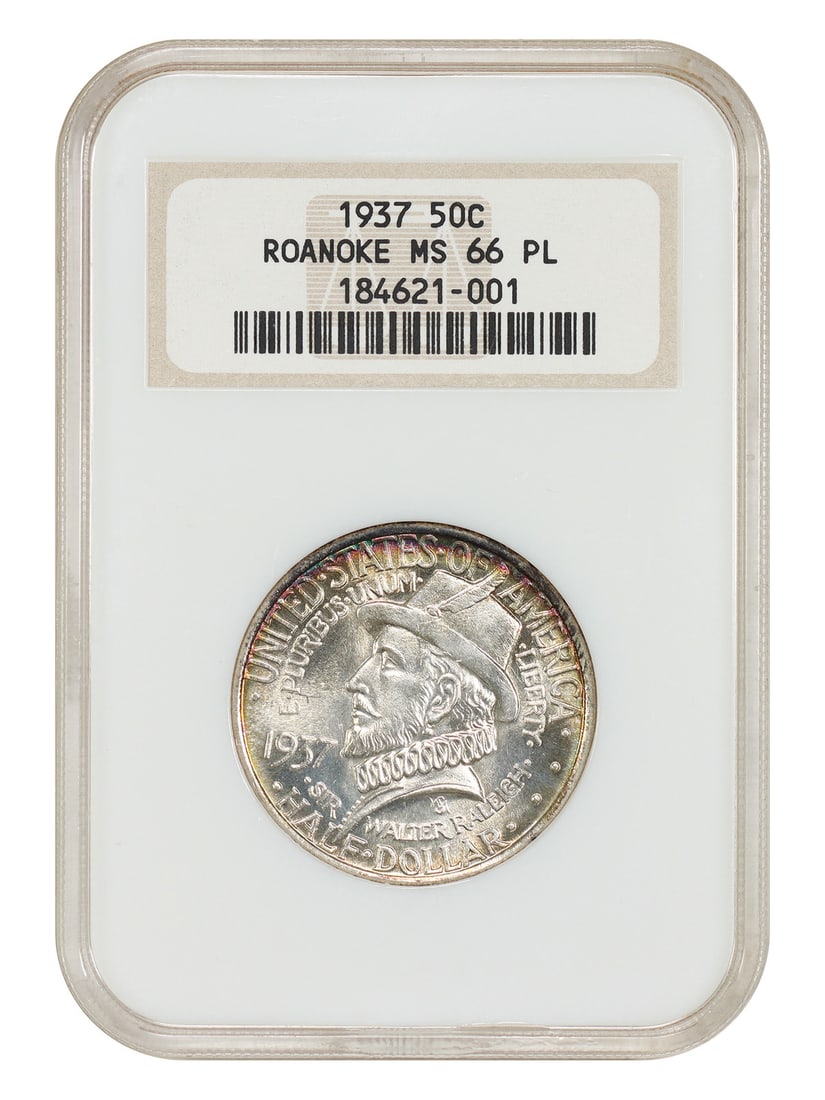 1937 Roanoke 50C NGC MS66PL Classic Silver Commemorative: 1937 Roanoke 50C NGC MS66PL Classic Silver Commemorative This 1937 Roanoke Island classic silver commemorative half dollar was struck at the Philadelphia Mint to mark the 350th anniversary of Sir Walt