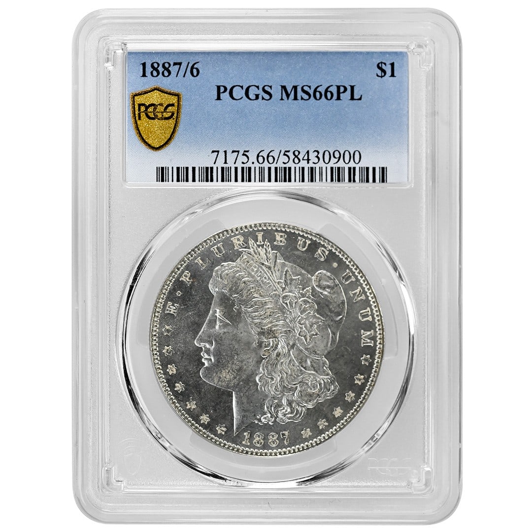 1887 6 Morgan Silver Dollar PCGS MS66PL Proof Like: 1887 6 Morgan Silver Dollar PCGS MS66PL Proof Like This 1887/6 Morgan Dollar is a proof-like silver coin graded MS66PL by PCGS. Struck at the Philadelphia Mint, it features an uncirculated condition a