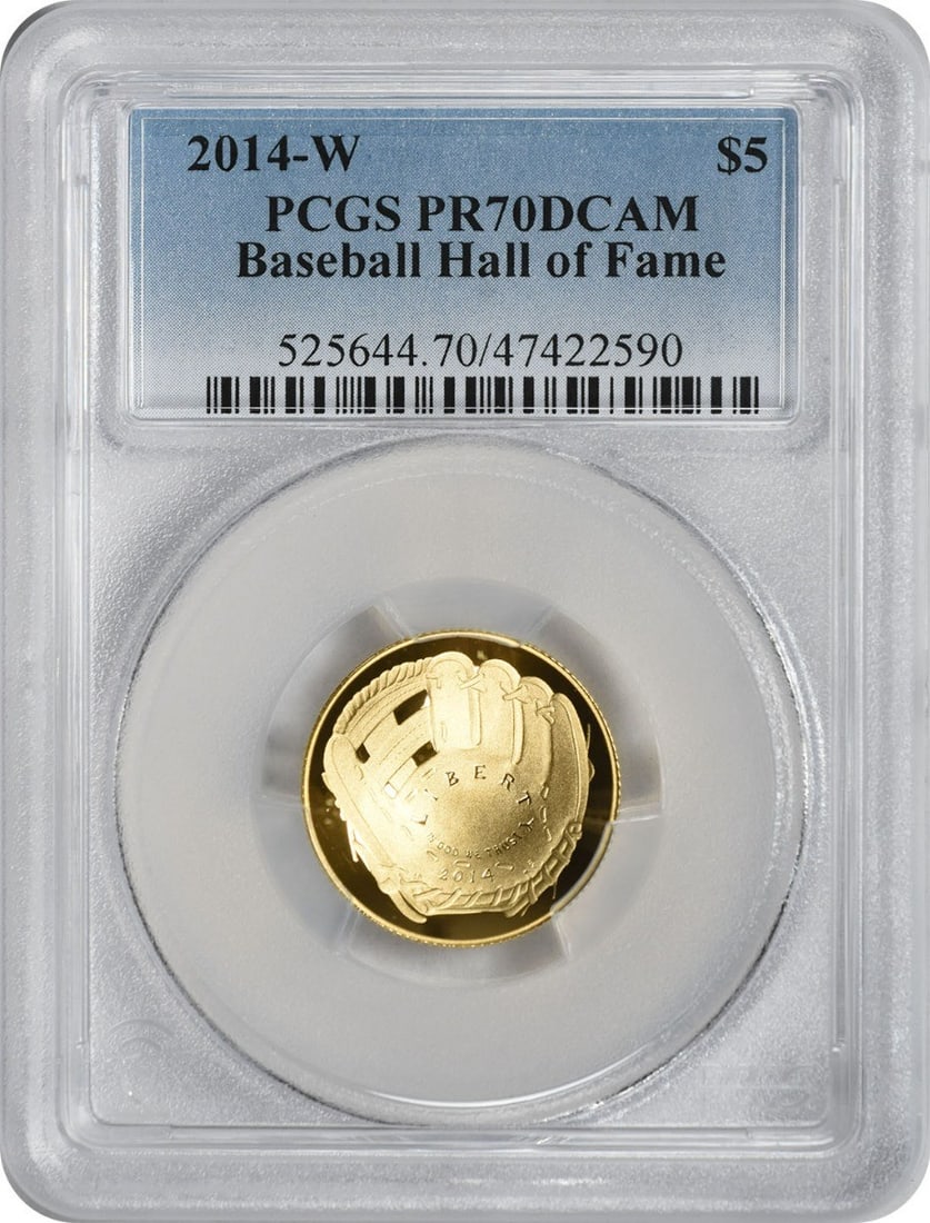 PCGS PR70DCAM 2014-W Baseball Hall of Fame $5 Gold Proof: PCGS PR70DCAM 2014-W Baseball Hall of Fame $5 Gold Proof This is a 2014-W Baseball Hall of Fame Commemorative $5 gold coin, graded PR70 Deep Cameo (DCAM) by PCGS. The coin is uncirculated and features