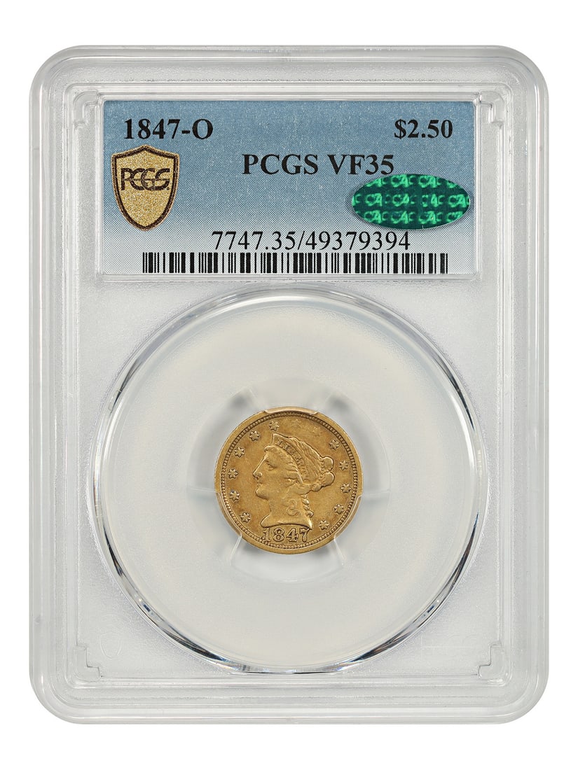 1847-O Liberty Head Quarter Eagle PCGS CAC VF35: 1847-O Liberty Head Quarter Eagle PCGS CAC VF35 This 1847-O Liberty Head $2.50 gold coin is certified by PCGS and has received CAC approval. It features a low mintage of 124,000 coins and displays att
