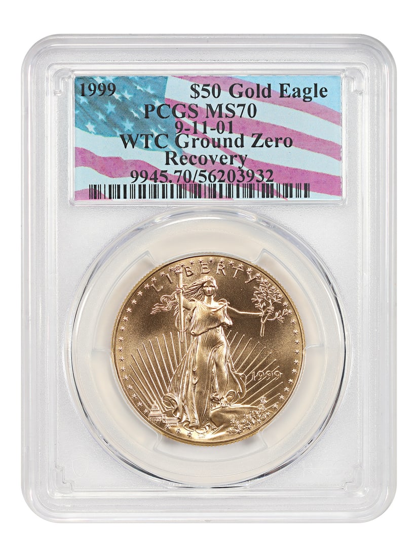 1999 PCGS MS70 Gold Eagle $50 Coin WTC Ground Zero Recovery: 1999 PCGS MS70 Gold Eagle $50 Coin WTC Ground Zero Recovery This is a 1999 $50 Gold Eagle coin from the Gold Eagles series, graded MS70 by PCGS. The coin is uncirculated and was recovered from the Wor