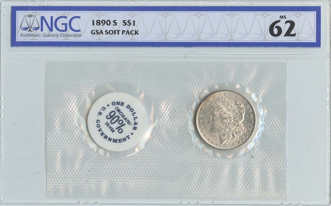 NGC MS62 1890-S Morgan Silver Dollar GSA Soft Pack: NGC MS62 1890-S Morgan Silver Dollar GSA Soft Pack This uncirculated 1890-S Morgan Dollar comes in a GSA soft pack and has been certified by NGC with a grade of MS62. Minted in San Francisco, this pre
