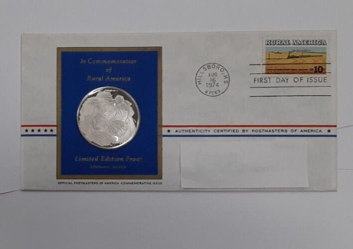 Sterling Silver 1974 Rural America Postmasters Commemorative Medal by Franklin Mint: Sterling Silver 1974 Rural America Postmasters Commemorative Medal by Franklin Mint This 1974 Postmasters of America commemorative medal was issued to honor Rural America. Struck in sterling silver by