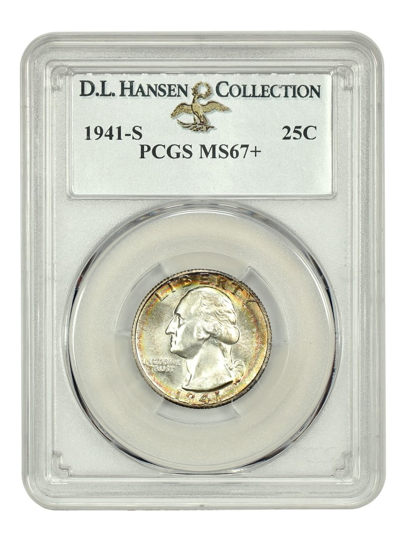1941-S PCGS MS67+ Washington Quarter with Rainbow Toning: 1941-S PCGS MS67+ Washington Quarter with Rainbow Toning This stunning 1941-S Washington Quarter is graded MS67+ by PCGS, showcasing its exceptional uncirculated condition. Struck at the San Francisco