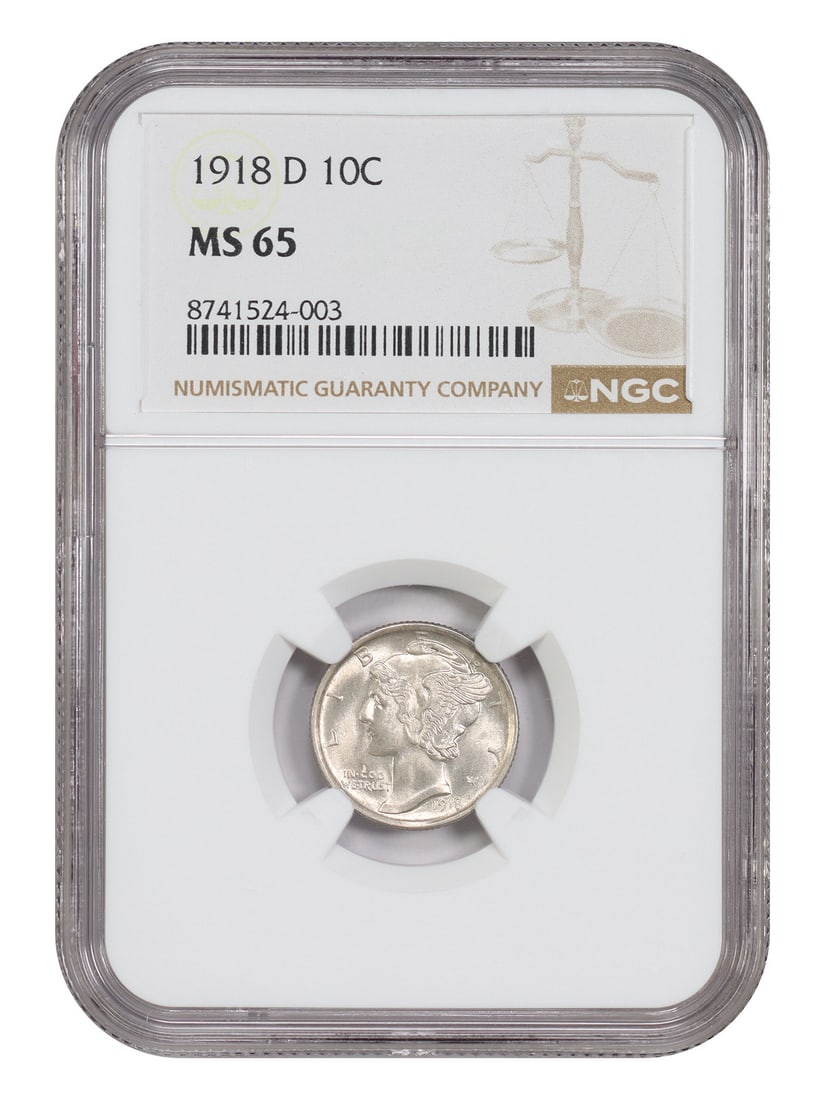 NGC MS65 1918-D Denver Mercury Dime 10C: NGC MS65 1918-D Denver Mercury Dime 10C This is a 1918 Mercury Dime struck at the Denver Mint, graded MS65 by NGC. The coin is uncirculated and features the classic Mercury Dime design, making it a de