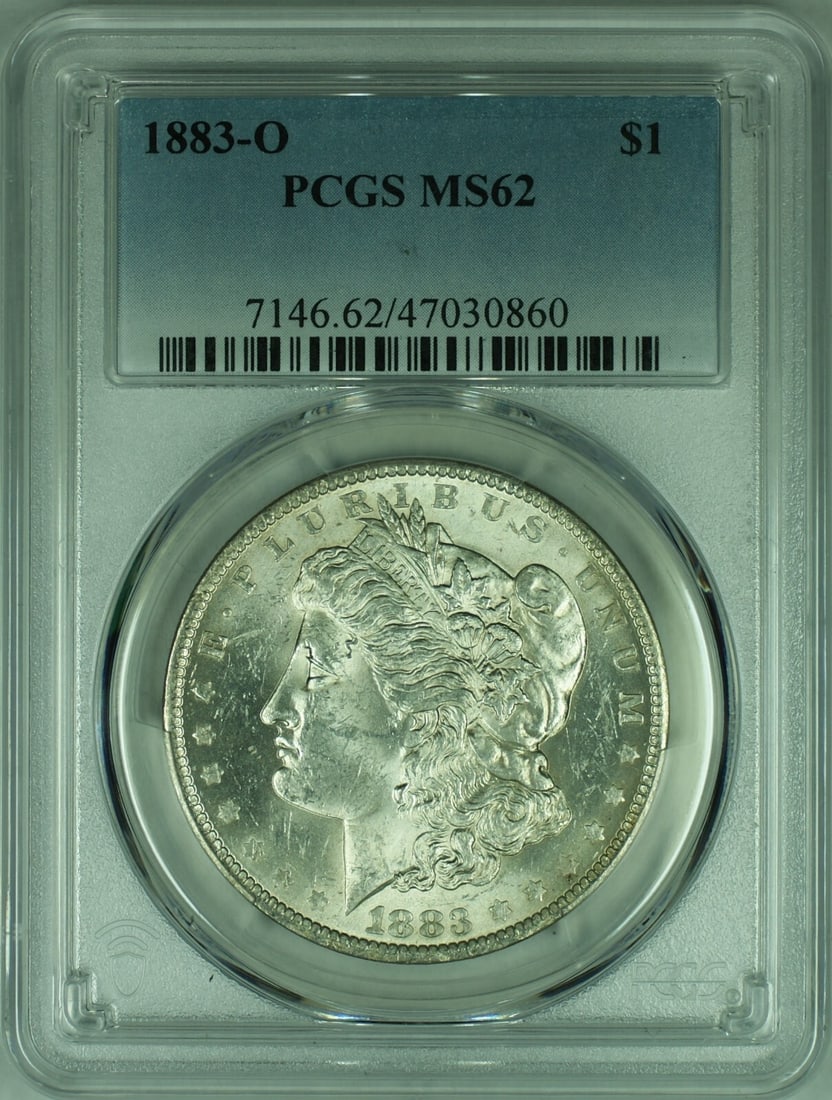 PCGS MS62 1883-O Dollar Morgan Silver Coin Certified Uncirculated: PCGS MS62 1883-O Dollar Morgan Silver Coin Certified Uncirculated This is a 1883-O Morgan Silver Dollar coin, certified by PCGS with a grade of MS-62. The coin is uncirculated and was minted in New