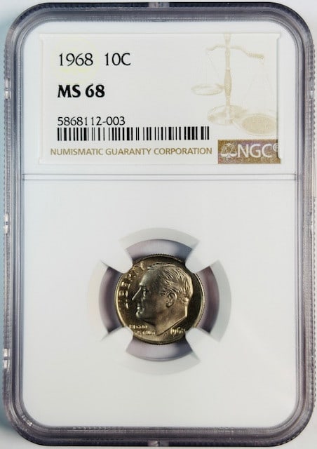 NGC MS68 1968 Roosevelt Dime Uncirculated Copper-Nickel USA: NGC MS68 1968 Roosevelt Dime Uncirculated Copper-Nickel USA This is a 1968 Roosevelt Dime graded MS 68 by NGC. The coin is composed of copper-nickel and is uncirculated. It originates from the USA and