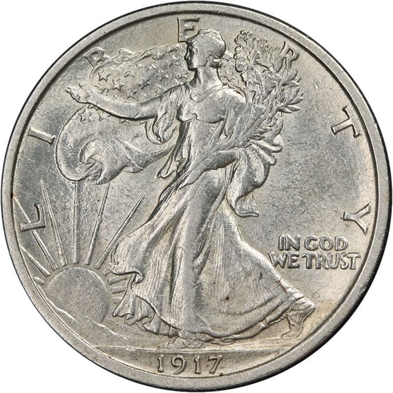 Silver 1917 Denver Walking Liberty Half Dollar Choice AU or BU Grade: Silver 1917 Denver Walking Liberty Half Dollar Choice AU or BU Grade This stunning 1917-D Reverse Walking Liberty Half showcases remarkable eye appeal, featuring a beautiful luster and a pristine stri