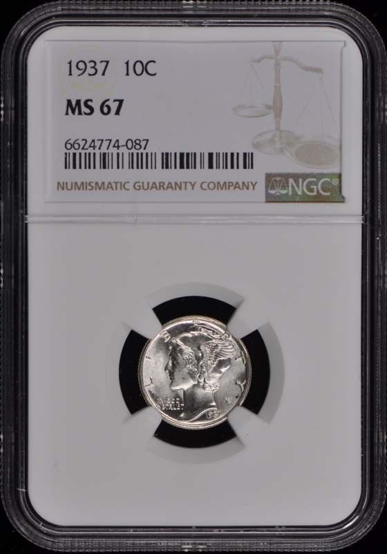 1937 Mercury Dime 10C NGC MS67 Uncirculated Philadelphia Coin: 1937 Mercury Dime 10C NGC MS67 Uncirculated Philadelphia Coin This 1937 Mercury Dime, certified by NGC with a grade of MS67, showcases exceptional quality and detail. As an uncirculated coin from the 