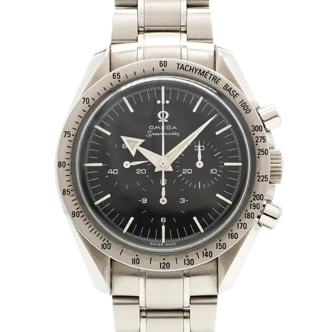 OMEGA Speedmaster First Replica Manual Wind Black Dial Watch 3594.50: OMEGA Speedmaster First Replica Manual Wind Black Dial Watch 3594.50 This OMEGA Speedmaster First Replica 3594.50 is a men's wristwatch featuring a black dial and stainless steel band. The watch is po
