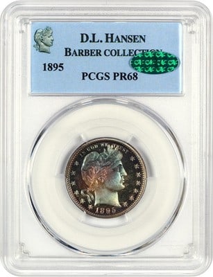 1895 Barber Quarter 25C PCGS CAC PR68 Hansen Collection: 1895 Barber Quarter 25C PCGS CAC PR68 Hansen Collection This 1895 Barber Quarter is a proof issue with a low mintage of only 880 coins. Graded PR68 by PCGS and approved by CAC, it features deep rainbo