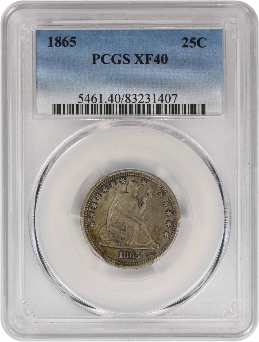 PCGS EF40 1865 Seated Liberty 25 Cent Silver Coin (1 of 4)