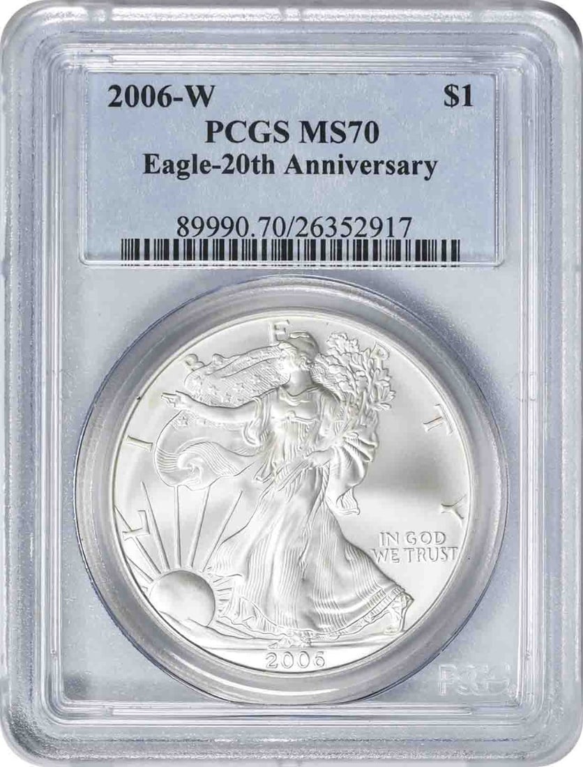 PCGS MS70 2006-W Burnished Silver Eagle 20th Anniversary Dollar Coin (1 of 2)