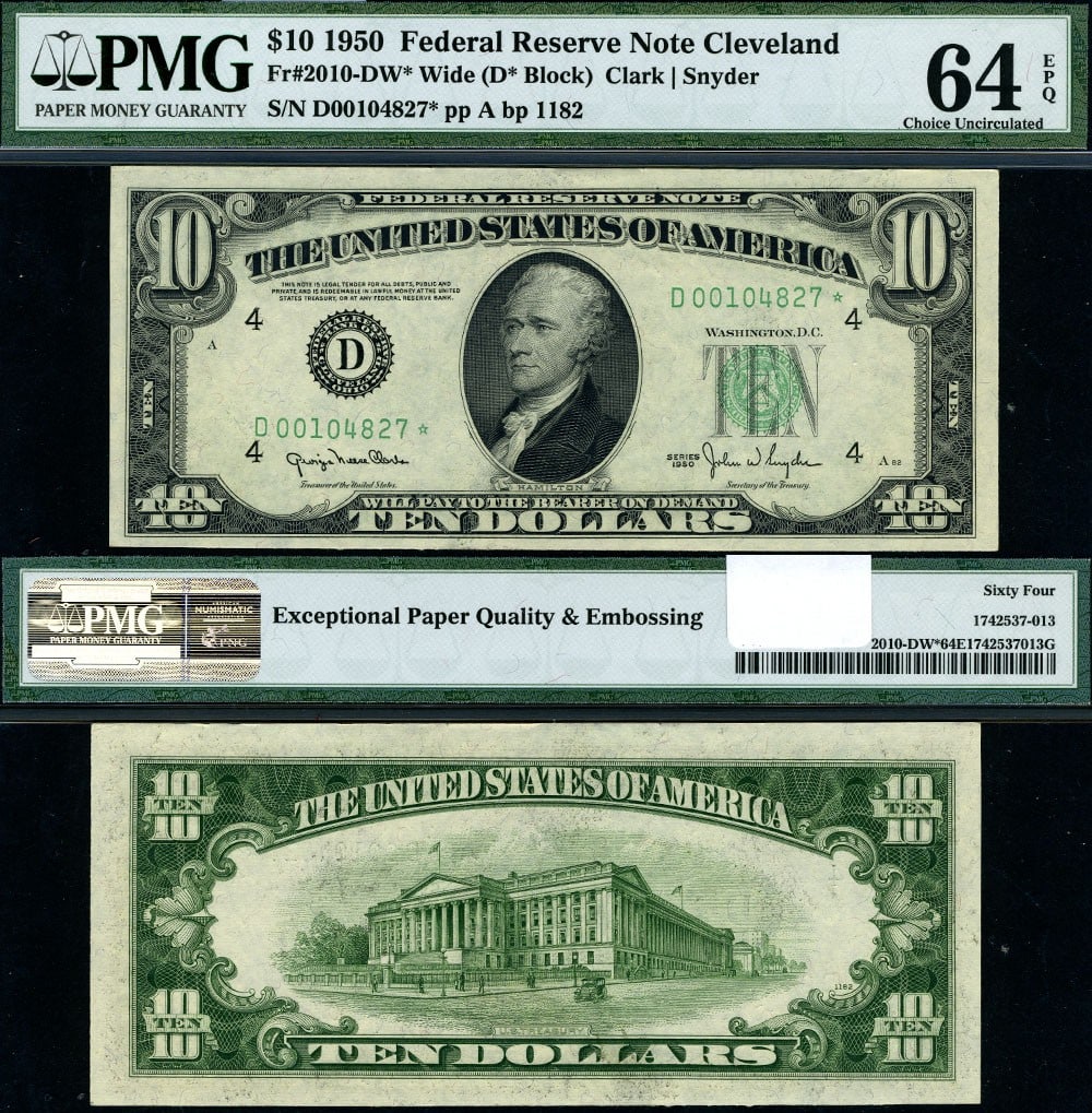 1950 $10 Federal Reserve Note Cleveland Wide D-* Block PMG CU64 EPQ: 1950 $10 Federal Reserve Note Cleveland Wide D-* Block PMG CU64 EPQ This is a 1950 Federal Reserve Note, denomination $10, from the Cleveland district, specifically the Wide D-* Block. The note is cla