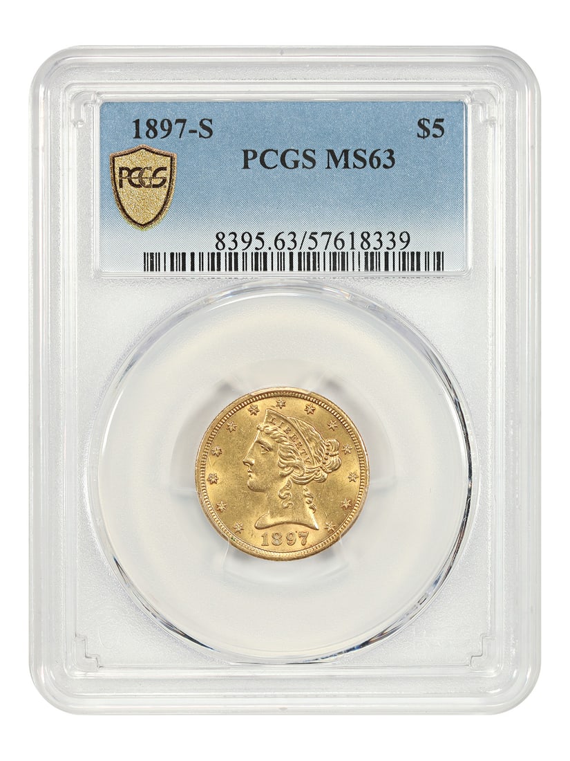 1897 San Francisco Liberty Head $5 Gold Coin PCGS MS63: 1897 San Francisco Liberty Head $5 Gold Coin PCGS MS63 This 1897-S Liberty Head $5 Half Eagle is a scarce San Francisco Mint issue, certified by PCGS as MS63. Struck in a modest mintage of 354,000, th