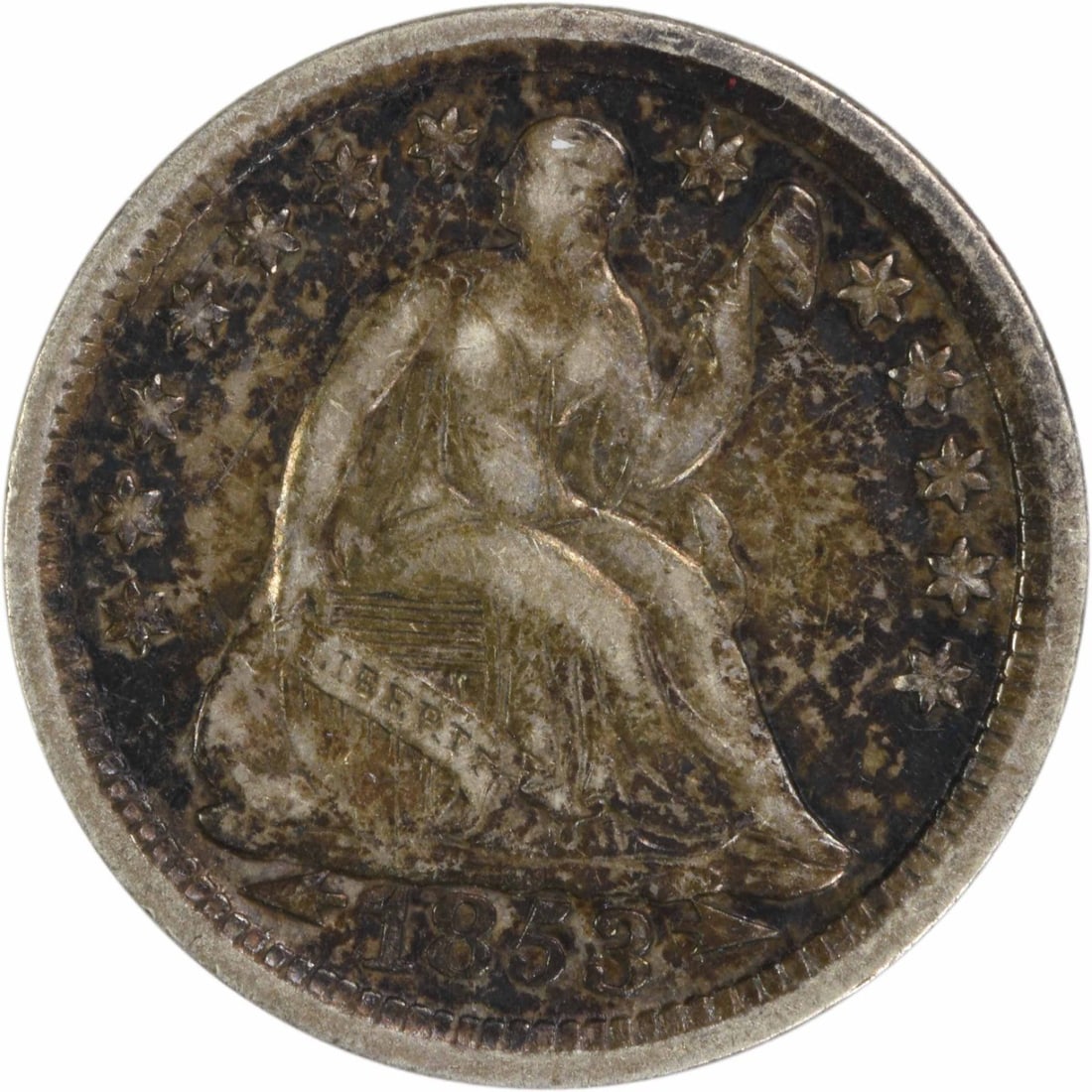 1853 Liberty Seated Half Dime Silver EF Uncertified Coin USA: 1853 Liberty Seated Half Dime Silver EF Uncertified Coin USA This 1853 Liberty Seated Silver Half Dime features a classic design by Christian Gobrecht and is part of the United States currency history
