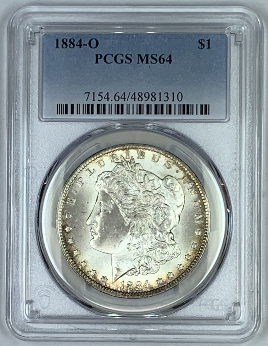 PCGS MS 64 Certified 1884-O Morgan Silver Dollar Uncirculated $1 Coin: PCGS MS 64 Certified 1884-O Morgan Silver Dollar Uncirculated $1 Coin This is an 1884-O Morgan Silver Dollar coin graded MS 64 by PCGS. The coin is uncirculated and composed of silver, originating fro
