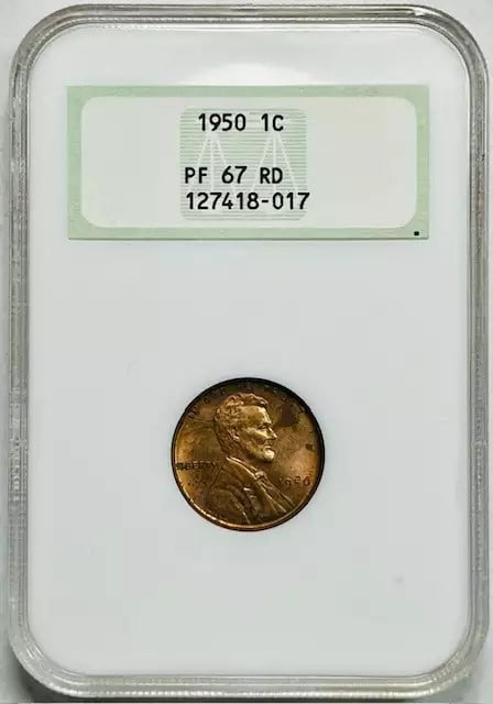 1950 Lincoln Penny NGC PF 67 Proof Red Copper Coin: 1950 Lincoln Penny NGC PF 67 Proof Red Copper Coin This stunning 1950 Lincoln Penny is certified by NGC with a grade of PF 67, indicating its exceptional proof quality. Crafted from copper, this uncir