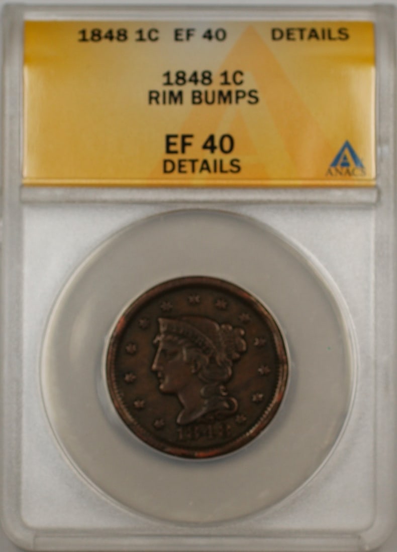 1848 United States Large Cent Copper Coin ANACS EF 40 Rim Damage: 1848 United States Large Cent Copper Coin ANACS EF 40 Rim Damage This is an 1848 Large Cent 1 cent coin from the United States, certified by ANACS with a grade of EF 40. The coin is composed of copper