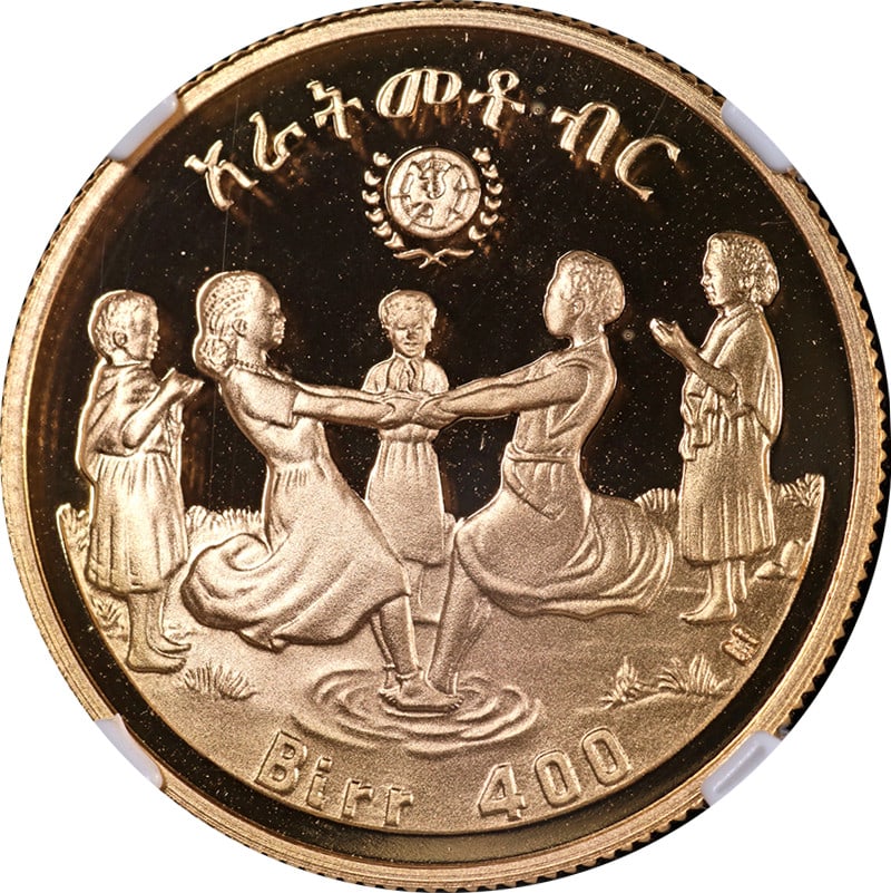 Ethiopia 1972 Gold 400 Birr Year of the Child NGC PF69 Ultra Cameo: Ethiopia 1972 Gold 400 Birr Year of the Child NGC PF69 Ultra Cameo This is an original 1972 Ethiopia Gold 400 Birr coin commemorating the Year of the Child. Struck in gold with a weight of 0.49 oz act