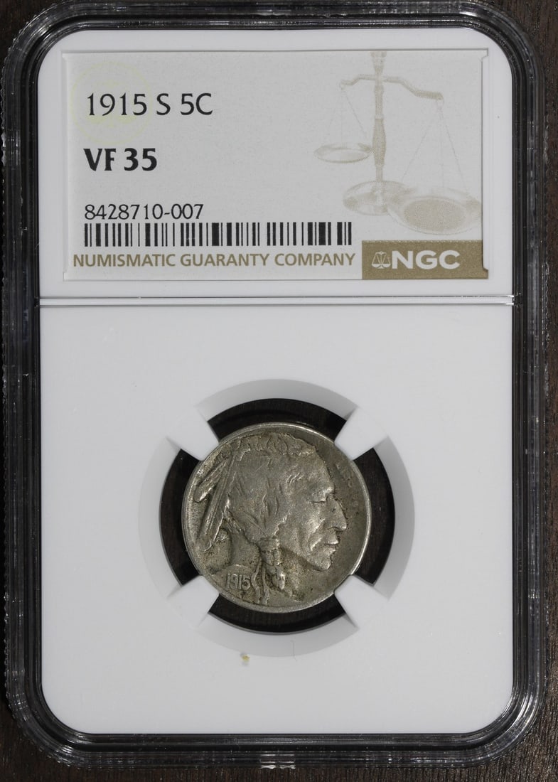 NGC VF35 1915-S Buffalo 5C Copper Nickel: NGC VF35 1915-S Buffalo 5C Copper Nickel This is a 1915 Buffalo Nickel with a denomination of 5 cents, certified by NGC and graded VF 35. Composed of copper with a fineness of 0.75, this circulated co