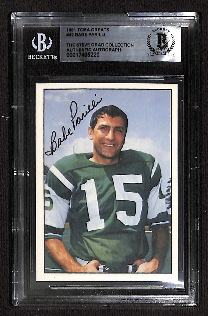 Babe Parilli Signed 1981 TCMA Greats #42 Football Card Beckett Authenticated: Babe Parilli Signed 1981 TCMA Greats #42 Football Card Beckett Authenticated This is an autographed 1981 TCMA Greats #42 sports trading card, signed by New York Jets quarterback Babe Parilli, who pass
