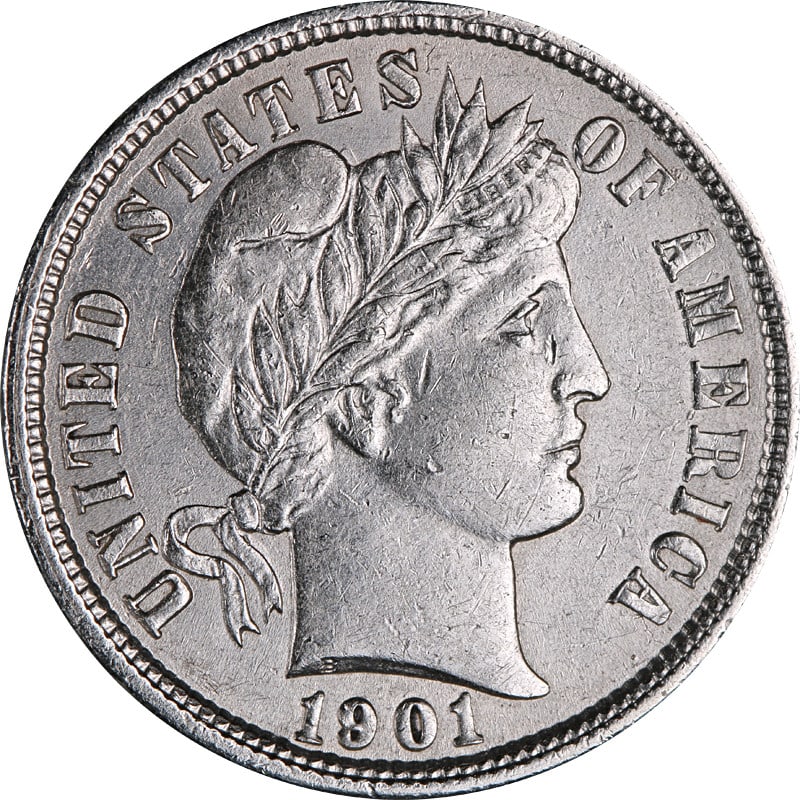 Silver Barber Dime 1901 Philadelphia Mint United States Coin: Silver Barber Dime 1901 Philadelphia Mint United States Coin This is a 1901-P Barber Dime from the United States, minted in Philadelphia. The coin is composed of silver and is in circulated, pre-owned