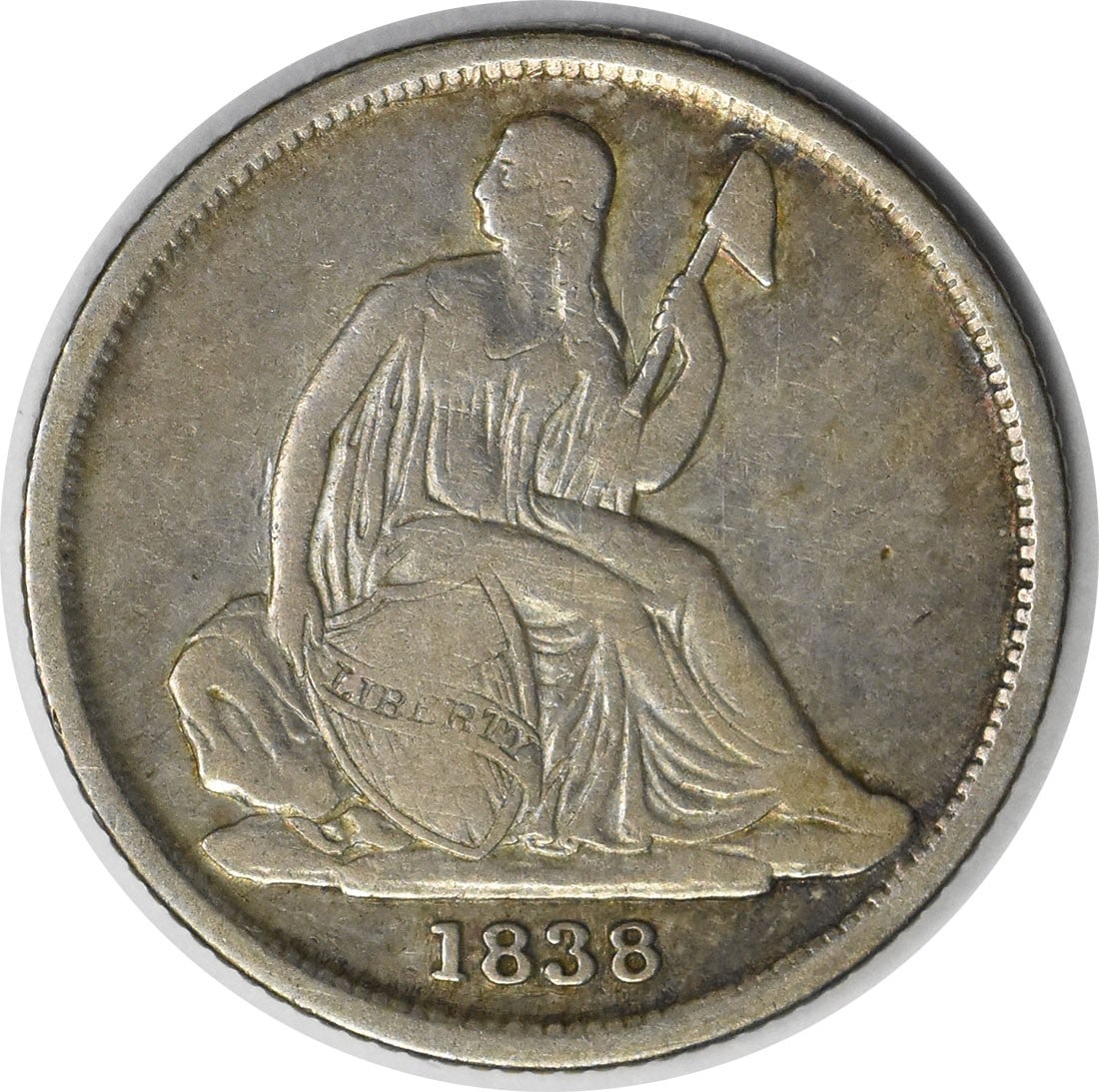 1838-O/O Liberty Seated Dime Christian Gobrecht 10C Uncertified: 1838-O/O Liberty Seated Dime Christian Gobrecht 10C Uncertified This 1838-O/O Liberty Seated Silver Dime, designated as RPM1, showcases historical significance and craftsmanship. It is an uncirculated