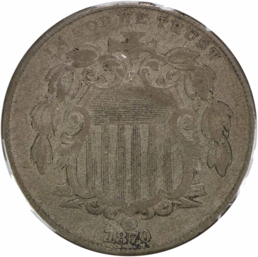 1870 Shield Nickel F-13 DDR VF Uncertified 5C Coin: 1870 Shield Nickel F-13 DDR VF Uncertified 5C Coin This 1870 Shield Nickel is a remarkable piece of numismatic history, featuring the classic design by James Barton Longacre. This coin, minted in Phil