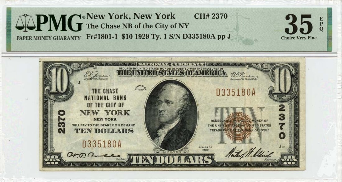 1929 Chase National City Banknote NY CH#2370 PMG VF35 EPQ: 1929 Chase National City Banknote NY CH#2370 PMG VF35 EPQ This 1929 Ty1 Chase National City Bank of New York note, cataloged as CH#2370, is a remarkable collectible for currency enthusiasts. Graded VF