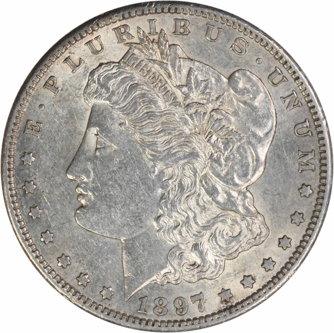 AU Grade 1897 San Francisco Morgan Dollar Uncertified Silver Coin: AU Grade 1897 San Francisco Morgan Dollar Uncertified Silver Coin This is an 1897-S Morgan Silver Dollar from the San Francisco Mint, featuring a composition of 90% silver and 10% copper. Designed by 