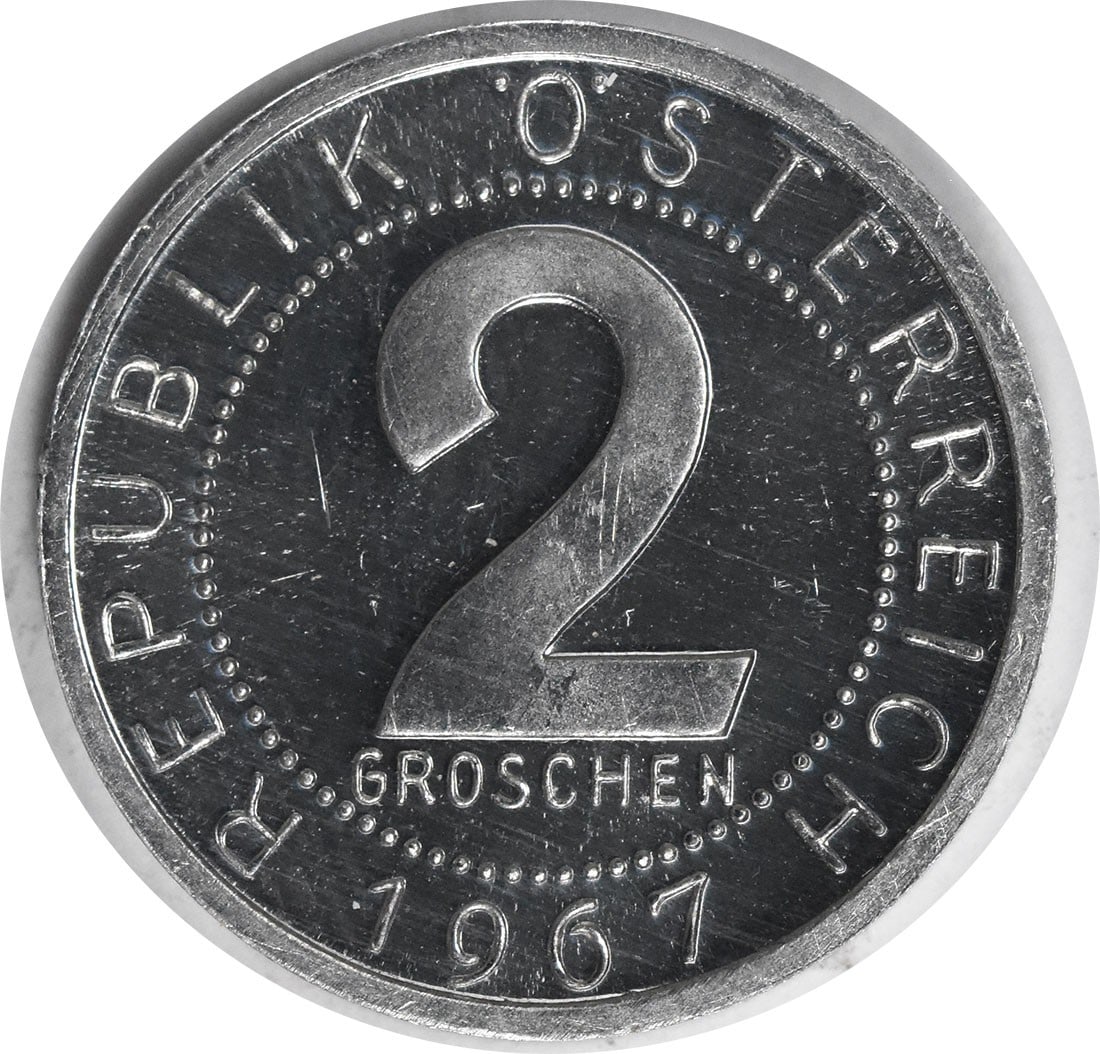 1967 Austria 2 Groschen Proof Coin KM2876 Limited 13000 Minted: 1967 Austria 2 Groschen Proof Coin KM2876 Limited 13000 Minted This 1967 Austria 2 Groschen coin (KM2876) features a unique aluminum composition and is part of a limited mintage of only 13,000 coins. 