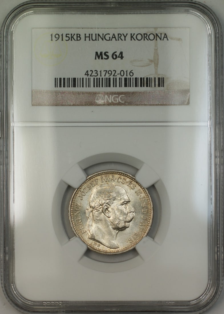NGC MS-64 1915 Silver Korona Coin from Hungary Lightly Toned (1 of 2)