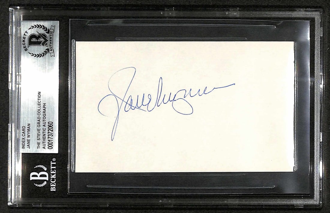 Jane Wyman Autographed 3x5 Index Card Beckett Authenticated: Jane Wyman Autographed 3x5 Index Card Beckett Authenticated This is a signed 3x5 index card by actress Jane Wyman, who passed away in 2007. The autograph is written in blue ballpoint pen and has been 