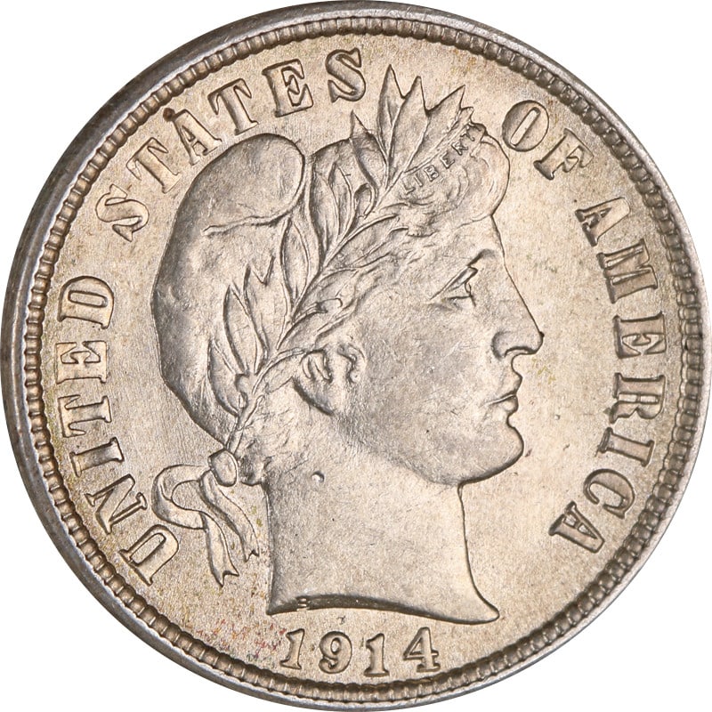 1914 Silver Barber Dime from Philadelphia Mint: 1914 Silver Barber Dime from Philadelphia Mint This is a 1914-P Barber Dime from the Philadelphia Mint. The coin is composed of silver and is in circulated, pre-owned condition. It originates from the