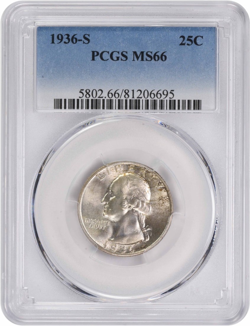 1936-S Washington Silver Quarter MS66 Uncirculated PCGS 90% Silver: 1936-S Washington Silver Quarter MS66 Uncirculated PCGS 90% Silver This 1936-S Washington Silver Quarter is an exceptional piece certified by PCGS with a high grade of MS66. Struck at the San Francisc