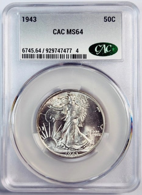 CAC Certified 1943 Silver Walking Liberty Half Dollar Graded MS 64: CAC Certified 1943 Silver Walking Liberty Half Dollar Graded MS 64 This 1943 Walking Liberty Half Dollar is certified by CAC with a grade of MS 64. It is composed of silver and originates from the USA