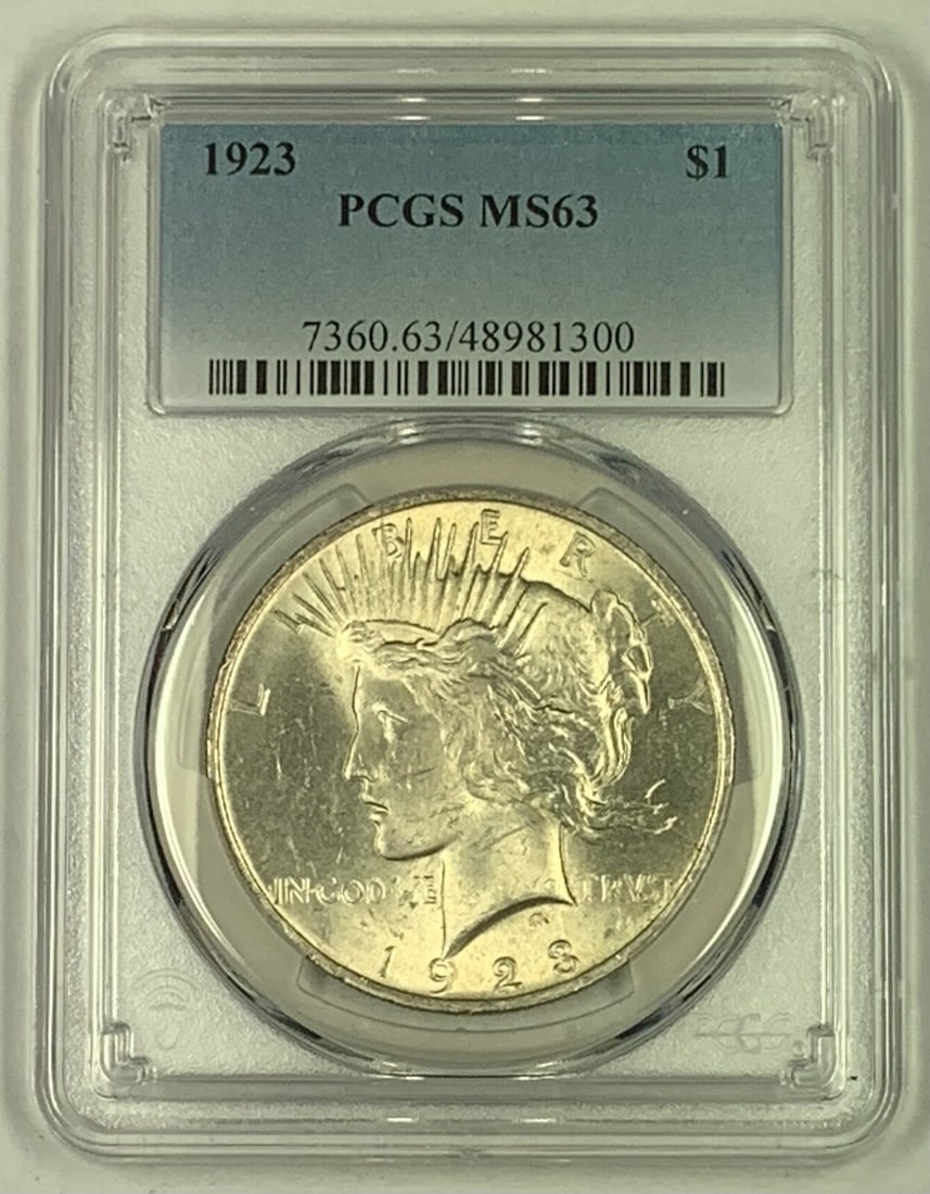 Six 1923 Peace Silver Dollar Coins PCGS Certified MS 63 Grade: Six 1923 Peace Silver Dollar Coins PCGS Certified MS 63 Grade This 1923 Peace Silver Dollar coin from the United States is composed of silver and features the Peace design. Certified by PCGS with a gr