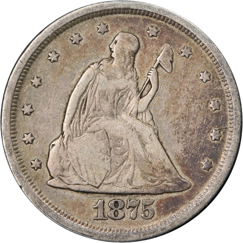 1875-S Silver 20 Cent Coin F VF: 1875-S Silver 20 Cent Coin F VF This original 1875-S Twenty Cent Piece is a circulated silver coin from the United States, featuring attractive eye appeal and a well-defined strike. The coin is graded