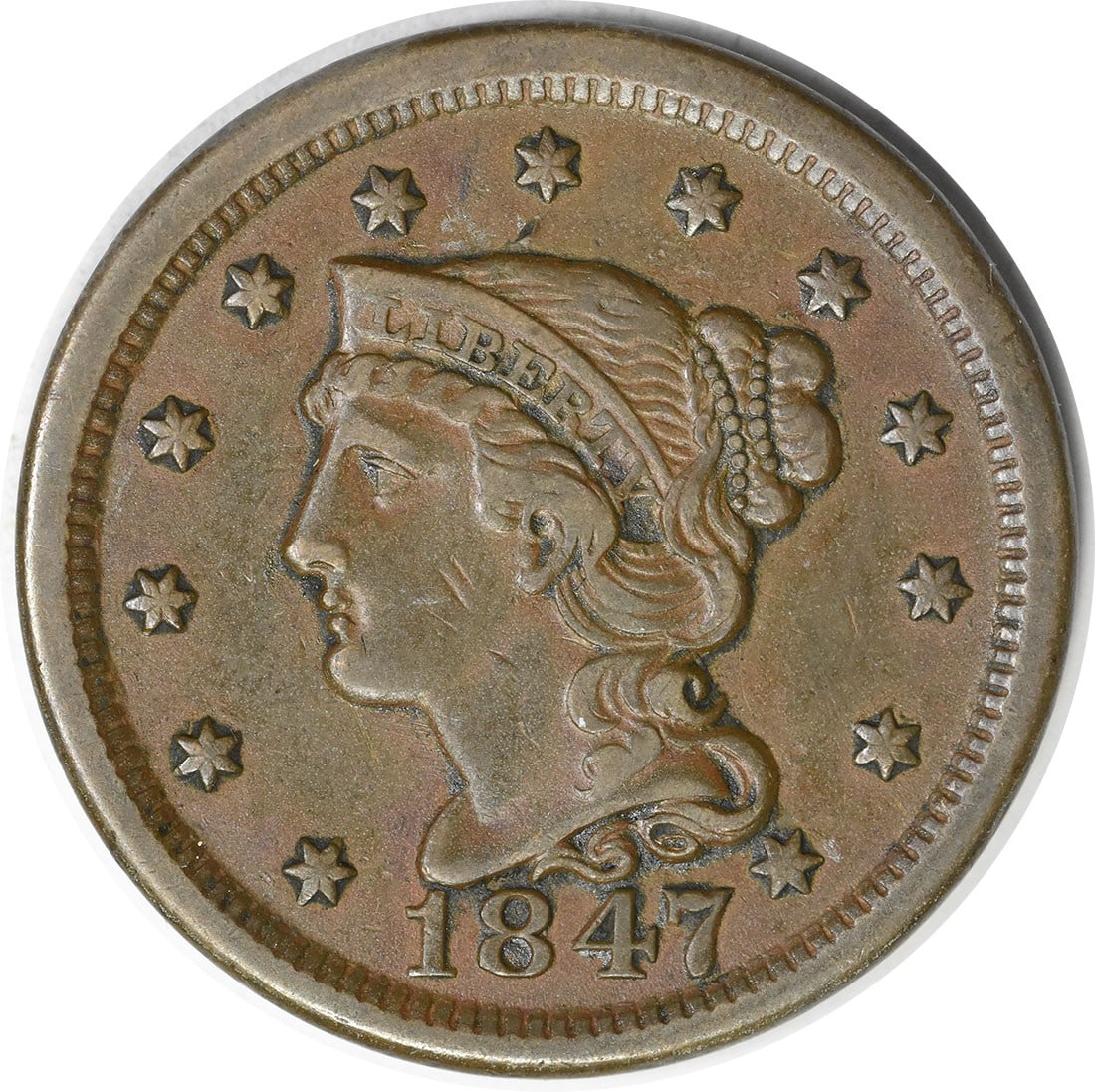 1847 Large Cent XF Copper Braided Hair Coin Uncertified: 1847 Large Cent XF Copper Braided Hair Coin Uncertified This 1847 Large Cent features the iconic Braided Hair design by Christian Gobrecht. Minted in Philadelphia, this coin is classified as Extra Fin