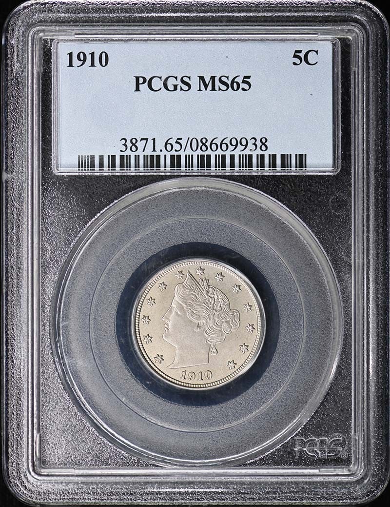 PCGS MS65 1910 Liberty 5C Nickel: PCGS MS65 1910 Liberty 5C Nickel This 1910 Liberty Nickel is graded MS65 by PCGS, indicating a high-quality, uncirculated coin. Minted in Philadelphia, it features the classic Liberty Nickel design an