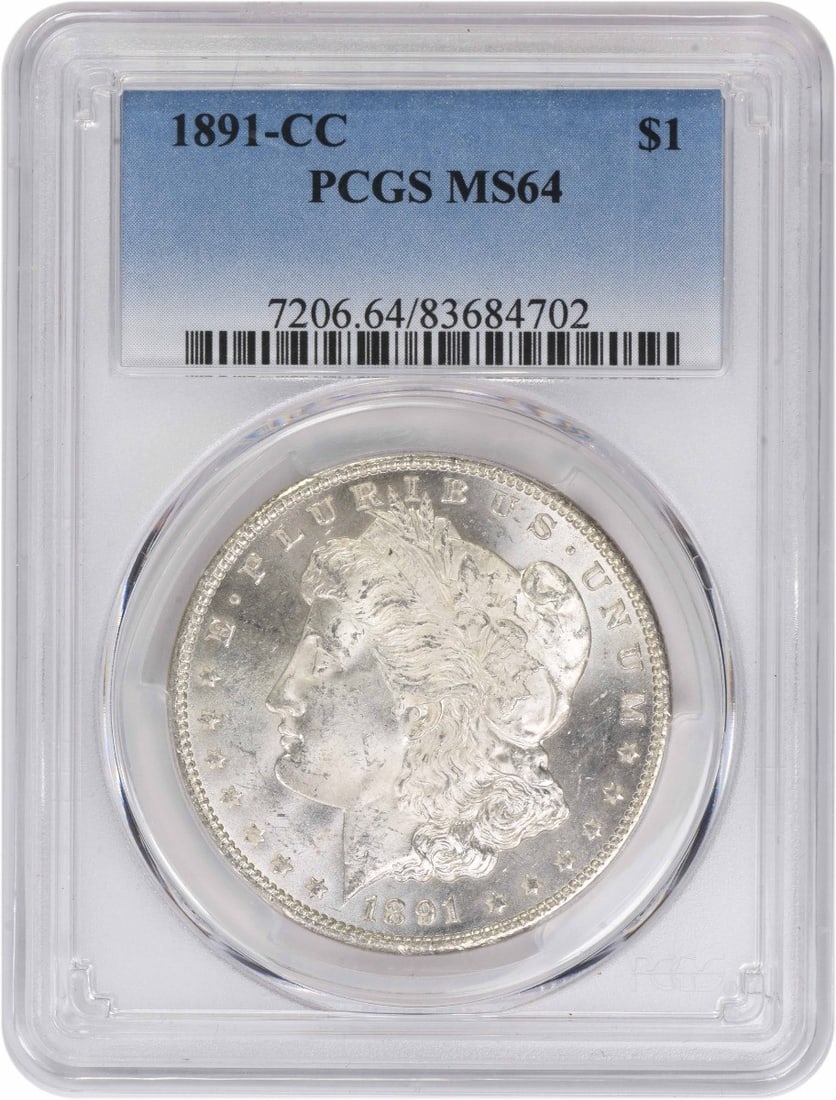 PCGS MS64 1891 Carson City Morgan Dollar 90 Percent Silver: PCGS MS64 1891 Carson City Morgan Dollar 90 Percent Silver This 1891-CC Morgan Silver Dollar is graded MS64 by PCGS and originates from the Carson City Mint. Composed of 90% silver and 10% copper, it 