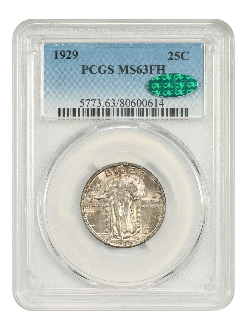 1929 Philadelphia Standing Liberty Quarter 25C PCGS CAC MS63FH: 1929 Philadelphia Standing Liberty Quarter 25C PCGS CAC MS63FH This 1929 Standing Liberty Quarter is graded MS63FH by PCGS and features the CAC endorsement. The coin was minted in Philadelphia and is 