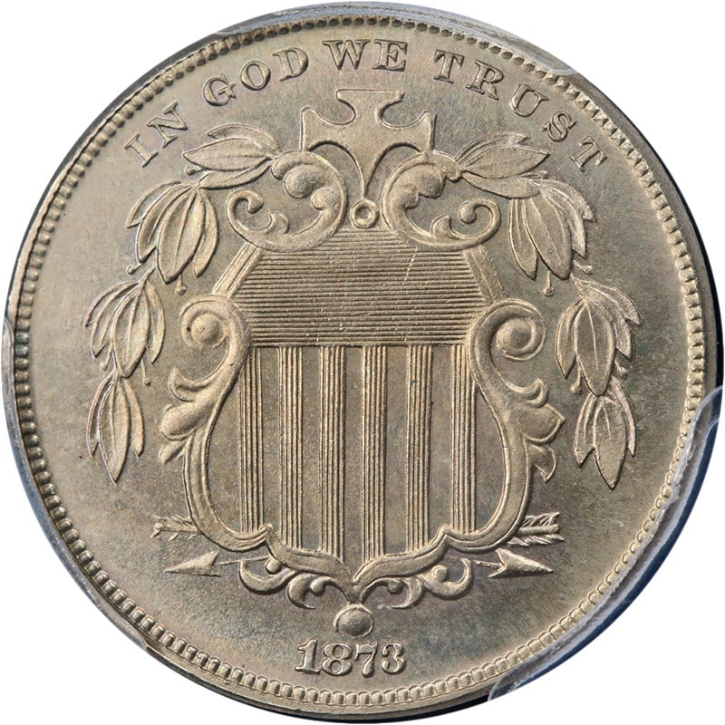 1873 Shield Nickel Closed 3 PCGS PR66: 1873 Shield Nickel Closed 3 PCGS PR66 This 1873 Shield Nickel features the Closed 3 variety and has been graded PR66 by PCGS. The coin is uncirculated and displays superb eye appeal, with exceptional 
