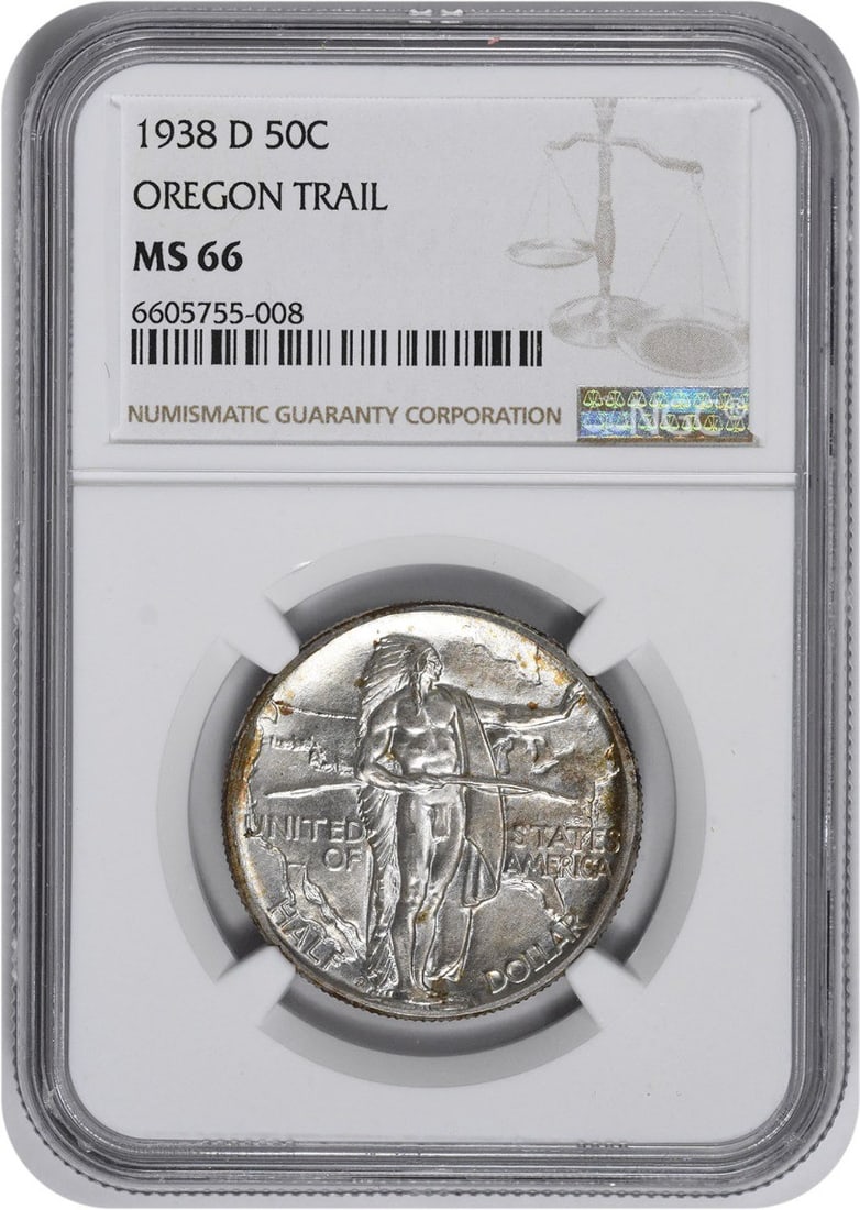 Oregon 1938-D Commemorative Half Dollar NGC MS66 Silver Coin: Oregon 1938-D Commemorative Half Dollar NGC MS66 Silver Coin This 1938-D Oregon Commemorative Half Dollar is an uncirculated coin certified by NGC with a Mint State 66 grade. Struck at the Denver Mint