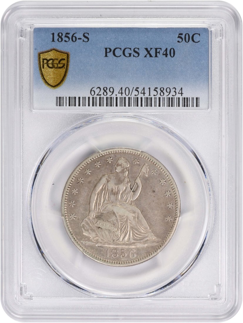 1856-S Liberty Seated Half Dollar 50C PCGS EF40 Silver Coin: 1856-S Liberty Seated Half Dollar 50C PCGS EF40 Silver Coin This 1856-S Liberty Seated Silver Half Dollar is a remarkable piece of American numismatic history. Struck in San Francisco, this coin featu
