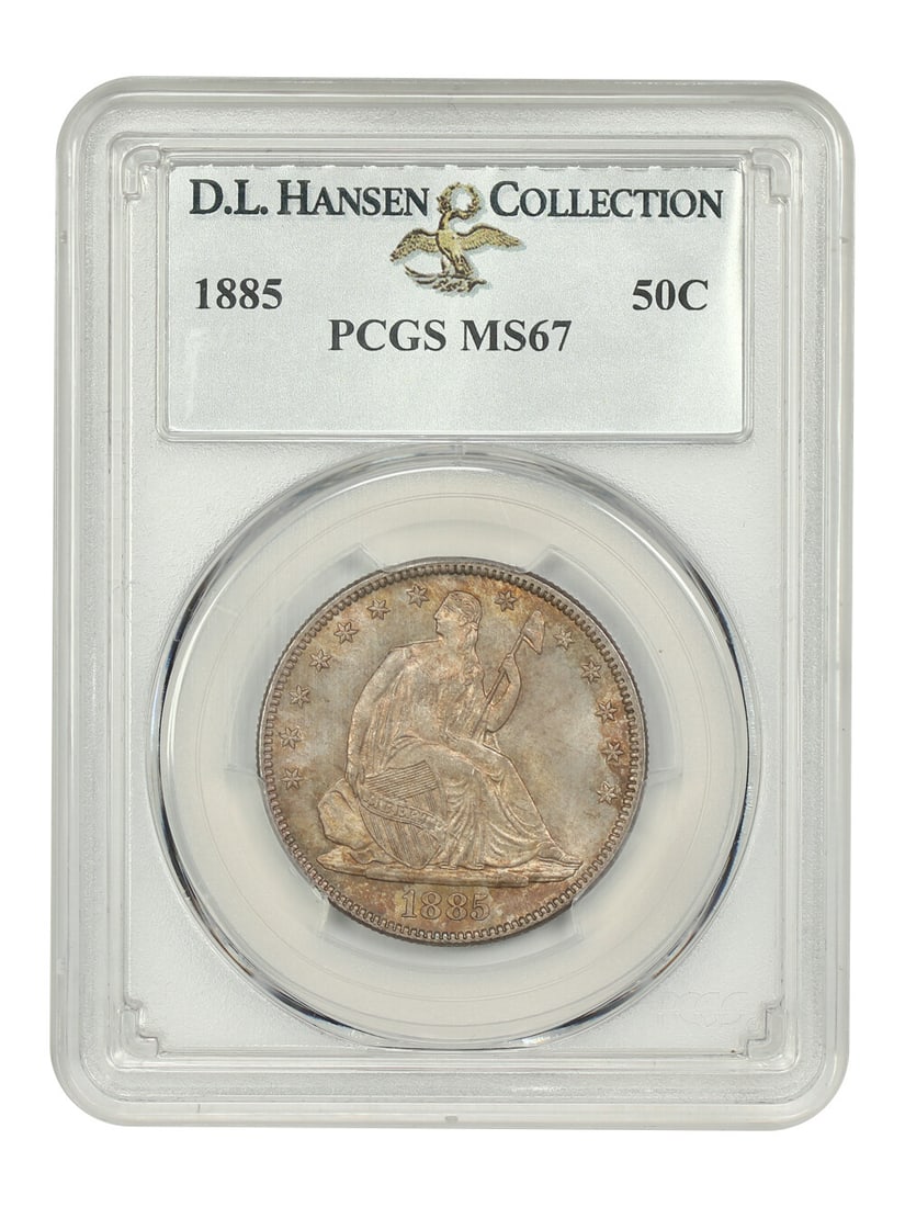 1885 50C Liberty Seated Half Dollar PCGS MS67 D.L. Hansen Collection: 1885 50C Liberty Seated Half Dollar PCGS MS67 D.L. Hansen Collection This remarkable 1885 50C Liberty Seated Half Dollar, certified by PCGS with a grade of MS67, is a stunning example from a limited m