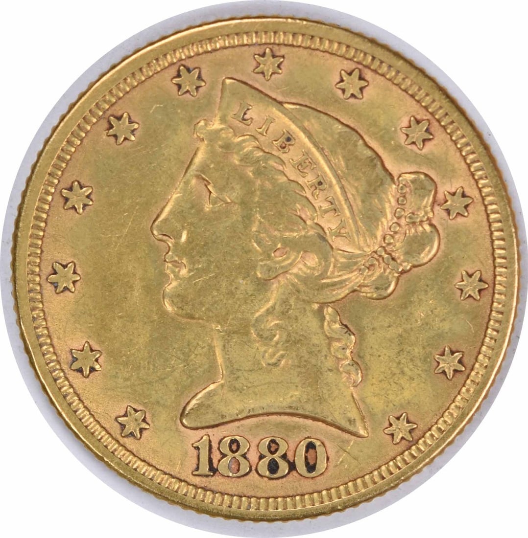 1880 $5 Gold Liberty Head Coin Christian Gobrecht Design Uncertified: 1880 $5 Gold Liberty Head Coin Christian Gobrecht Design Uncertified This 1880 $5 Gold Liberty Head coin features a classic design by Christian Gobrecht, representing a piece of American history. Craf